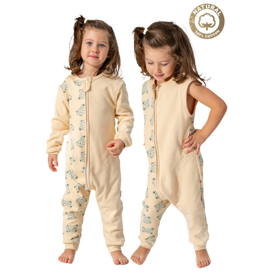 Kız Erkek Unisex Mevsimlik Kolları Çıkan Çift Kat Organik %100 Doğal Pamuk Bebek Çocuk Uyku Tulumu Mavi Ayıcık Desen