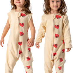 Kız Erkek Unisex Mevsimlik Kolları Çıkan Çift Kat Organik %100 Doğal Pamuk Bebek Çocuk Uyku Tulumu Kırmızı Kalp Desen