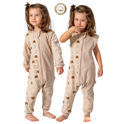 Kız Erkek Unisex Mevsimlik Kolları Çıkan Çift Kat Organik %100 Doğal Pamuk Bebek Çocuk Uyku Tulumu Kahverengi Hayvan Desen