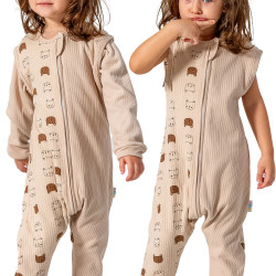 Kız Erkek Unisex Mevsimlik Kolları Çıkan Çift Kat Organik %100 Doğal Pamuk Bebek Çocuk Uyku Tulumu Kahverengi Hayvan Desen