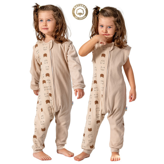 Kız Erkek Unisex Mevsimlik Kolları Çıkan Çift Kat Organik %100 Doğal Pamuk Bebek Çocuk Uyku Tulumu Kahverengi Hayvan Desen