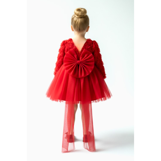 BabyAnimals Güllü Fiyonklu Tüllü Tütü Kız Çocuk Elbise Kırmızı