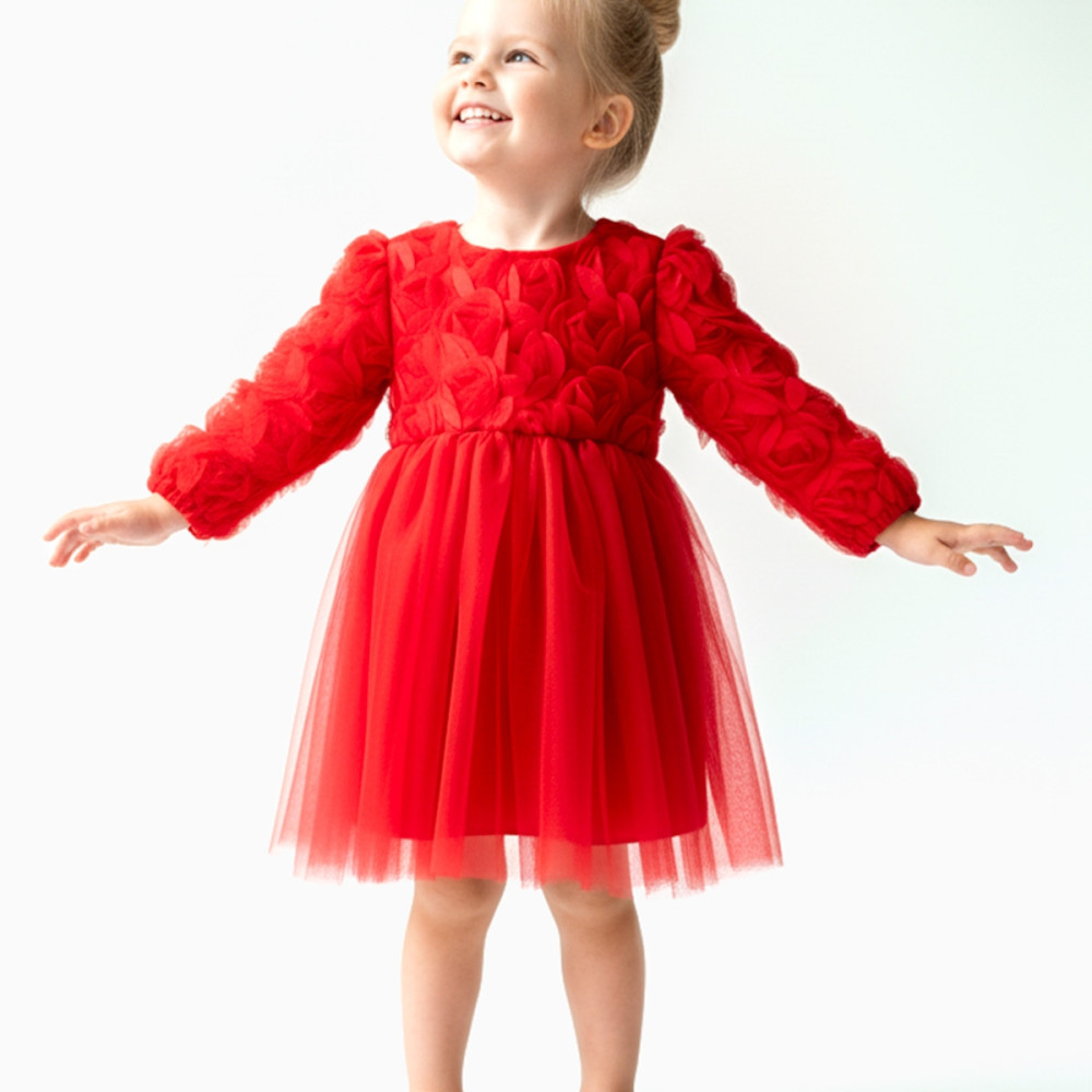 BabyAnimals Güllü Fiyonklu Tüllü Tütü Kız Çocuk Elbise Kırmızı