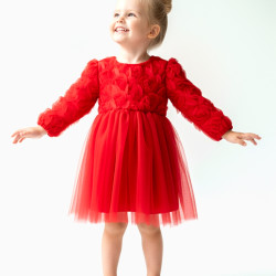 BabyAnimals Güllü Fiyonklu Tüllü Tütü Kız Çocuk Elbise Kırmızı