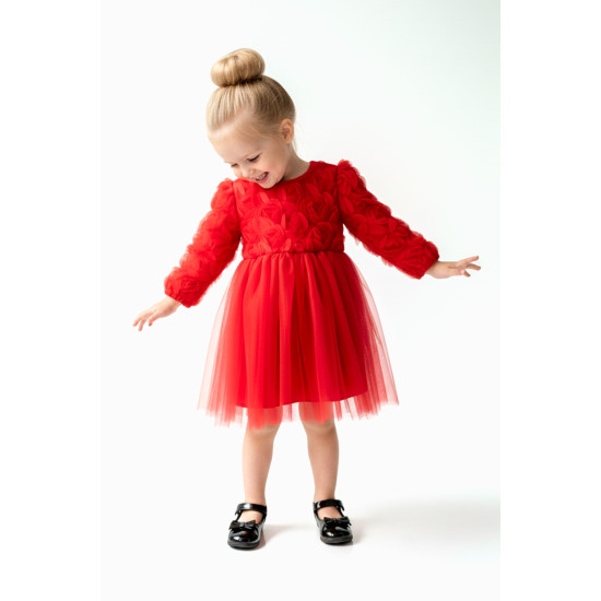BabyAnimals Güllü Fiyonklu Tüllü Tütü Kız Çocuk Elbise Kırmızı