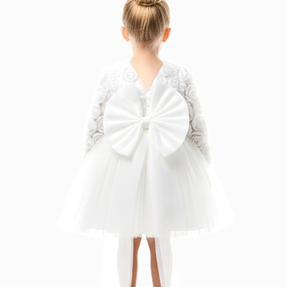 BabyAnimals Güllü Fiyonklu Tüllü Tütü Kız Çocuk Elbise Beyaz