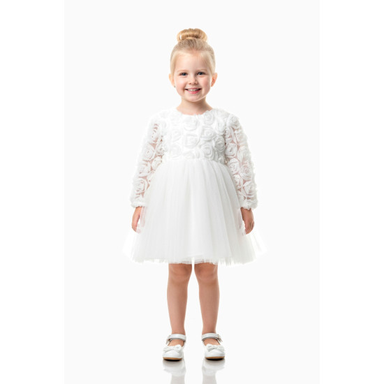 BabyAnimals Güllü Fiyonklu Tüllü Tütü Kız Çocuk Elbise Beyaz