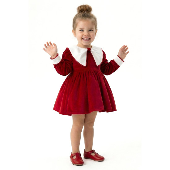 BabyAnimals Kadife Yakalı Kız Çocuk Elbise Kırmızı