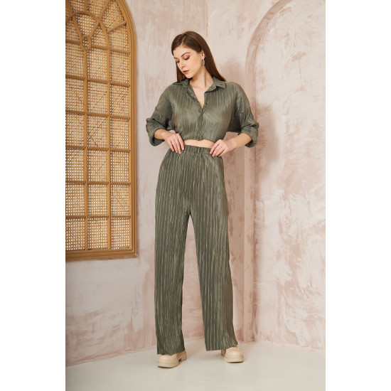 Pasaklı Giyim kadın Piliseli Bürümcük Pantolon Tunik Alt Üst Takım Haki