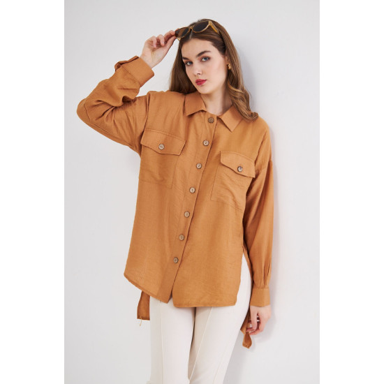 Pasaklı Giyim Kadın Oversize Arkası Uzun Tunik Gömlek Bej