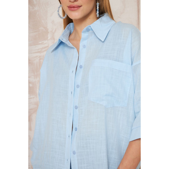 Pasaklı Giyim Kadın Flamlı Keten Gömlek Mavi