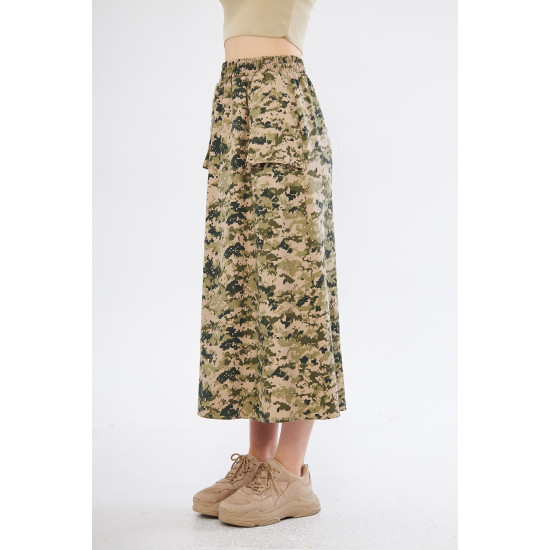 Pasaklı Giyim Kadın Kamuflaj Desen Gabardin Etek Haki Bej