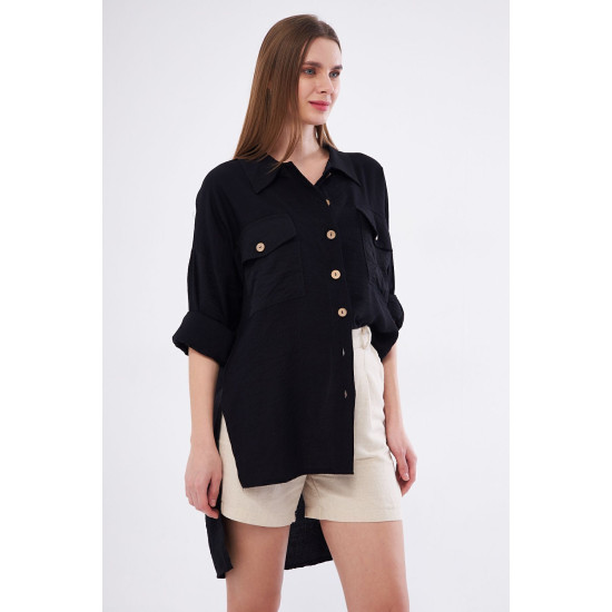 Pasaklı Giyim Kadın Oversize Arkası Uzun Tunik Gömlek Siyah