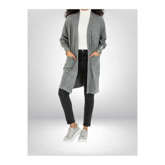 Pasaklı Giyim Kadın Kolları Düğme Detaylı Yırtmaçlı Yumuşak Dokulu Gri Uzun Triko Hırka