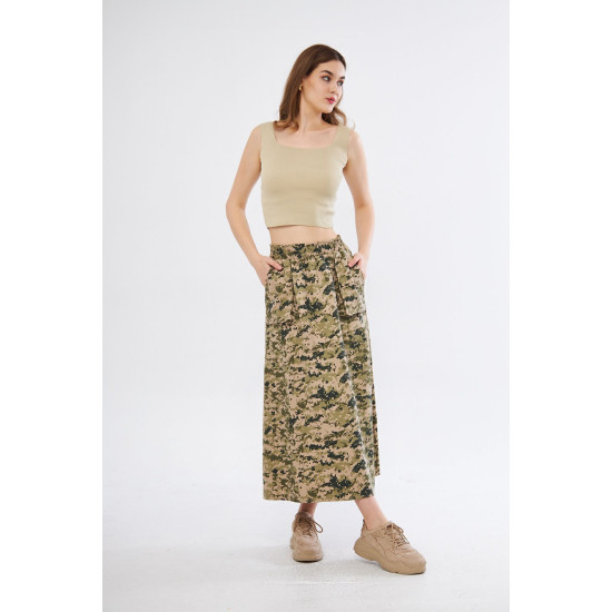 Pasaklı Giyim Kadın Kamuflaj Desen Gabardin Etek Haki Bej