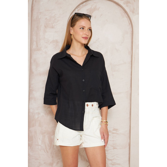 Pasaklı Giyim Kadın Flamlı Keten Gömlek Siyah