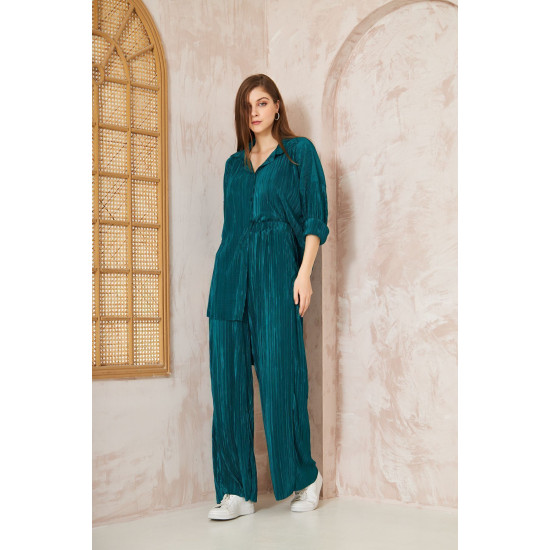 Pasaklı Giyim kadın Piliseli Bürümcük Pantolon Tunik Alt Üst Takım Zümrüt