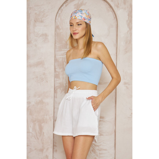 Pasaklı Giyim Kadın Müslin %100 Pamuk Beli Lastikli Şort Beyaz