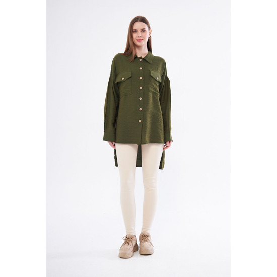 Pasaklı Giyim Kadın Oversize Arkası Uzun Tunik Gömlek Haki