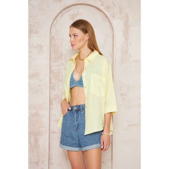 Pasaklı Giyim Kadın Flamlı Keten Gömlek Sarı