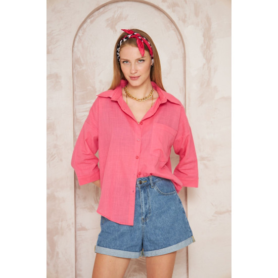 Pasaklı Giyim Kadın Flamlı Keten Gömlek Fuşya