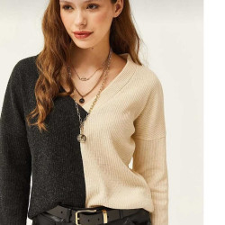 Kadın  V Yaka Uzun Kollu Iki Renkli Kışlık Kazak 2778200 Vizon Antrasit