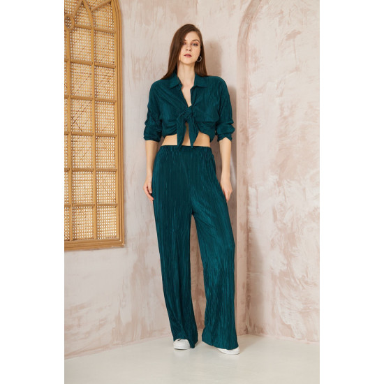 Pasaklı Giyim kadın Piliseli Bürümcük Pantolon Tunik Alt Üst Takım Petrol