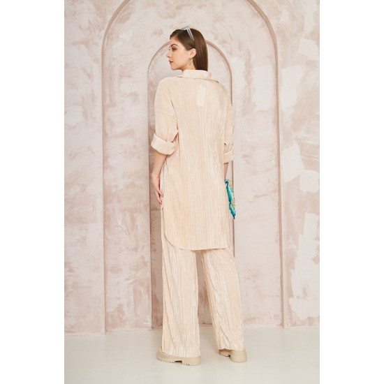 Pasaklı Giyim kadın Piliseli Bürümcük Pantolon Tunik Alt Üst Takım Bej