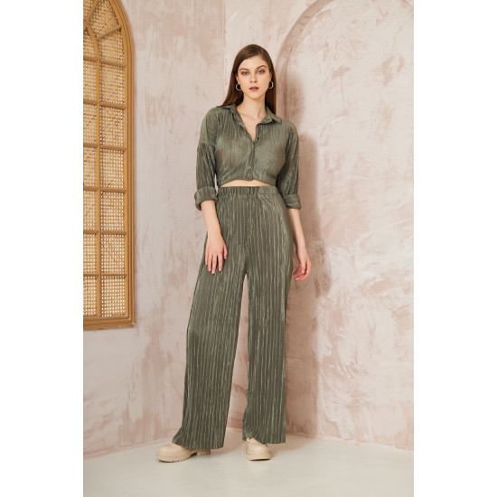 Pasaklı Giyim kadın Piliseli Bürümcük Pantolon Tunik Alt Üst Takım Haki