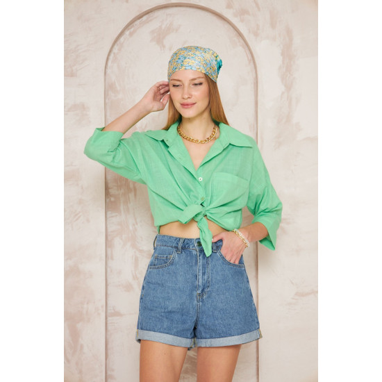 Pasaklı Giyim Kadın Flamlı Keten Gömlek Yeşil
