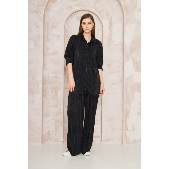 Pasaklı Giyim kadın Piliseli Bürümcük Pantolon Tunik Alt Üst Takım Siyah