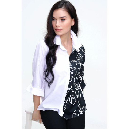 Pasaklı Giyim Kadın Yüz Silüetli Basic Gömlek Beyaz Siyah