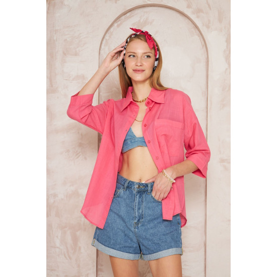Pasaklı Giyim Kadın Flamlı Keten Gömlek Fuşya