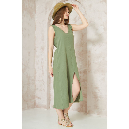 Pasaklı Giyim Kadın %100 Pamuk Müslin Elbise Haki