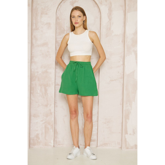 Pasaklı Giyim Kadın Müslin %100 Pamuk Beli Lastikli Şort Yeşil