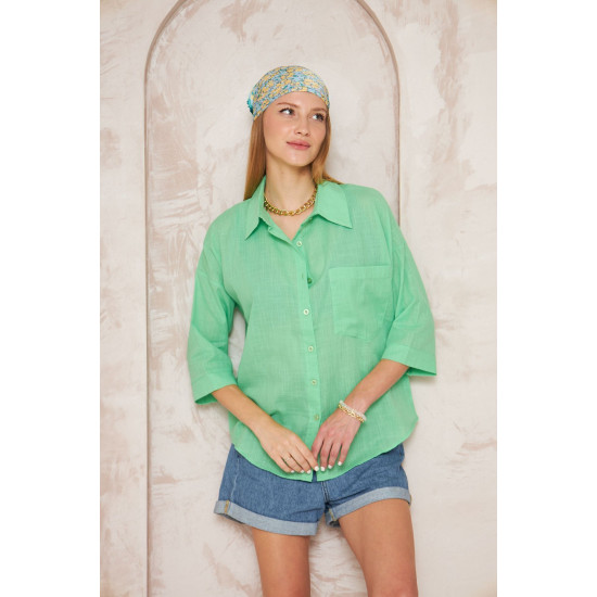 Pasaklı Giyim Kadın Flamlı Keten Gömlek Yeşil