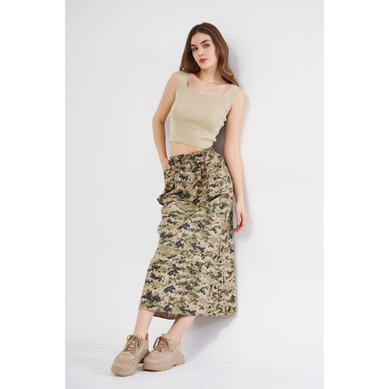 Pasaklı Giyim Kadın Kamuflaj Desen Gabardin Etek Haki Bej