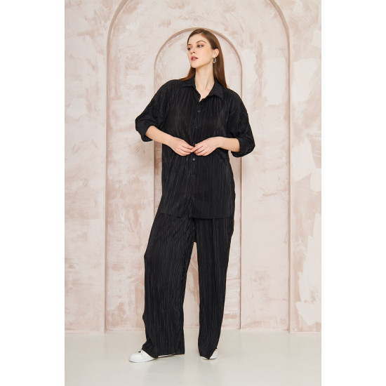 Pasaklı Giyim kadın Piliseli Bürümcük Pantolon Tunik Alt Üst Takım Siyah