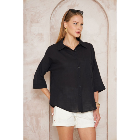 Pasaklı Giyim Kadın Flamlı Keten Gömlek Siyah