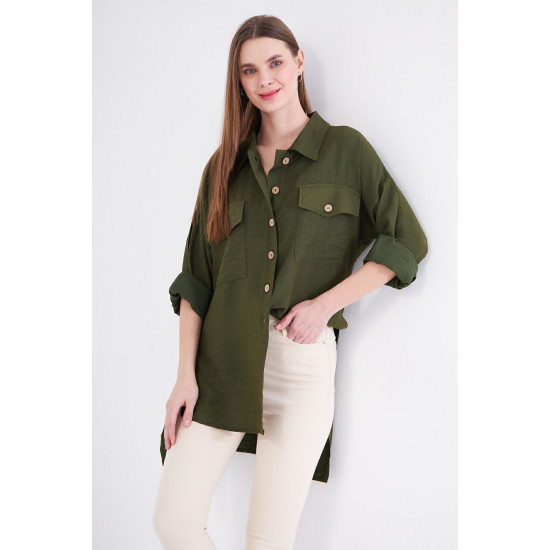 Pasaklı Giyim Kadın Oversize Arkası Uzun Tunik Gömlek Haki