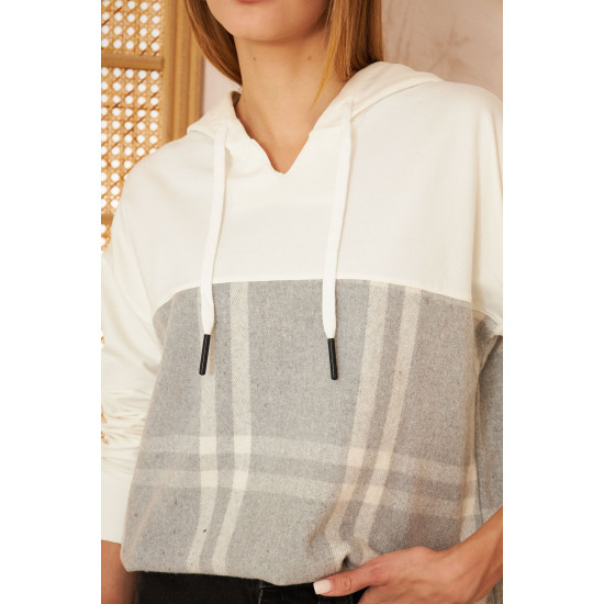 Pasaklı Giyim Kadın Kapüşonlu Oduncu Sweatshirt Gri Ekose