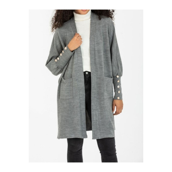 Pasaklı Giyim Kadın Kolları Düğme Detaylı Yırtmaçlı Yumuşak Dokulu Gri Uzun Triko Hırka