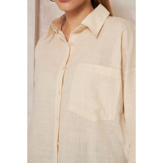 Pasaklı Giyim Kadın Flamlı Keten Gömlek Bej
