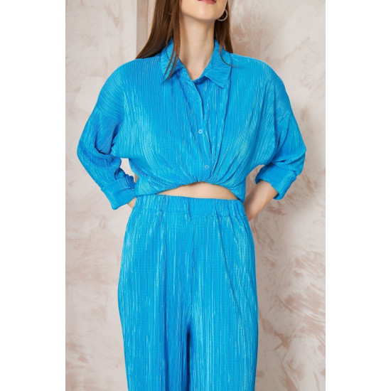 Pasaklı Giyim kadın Piliseli Bürümcük Pantolon Tunik Alt Üst Takım Mavi