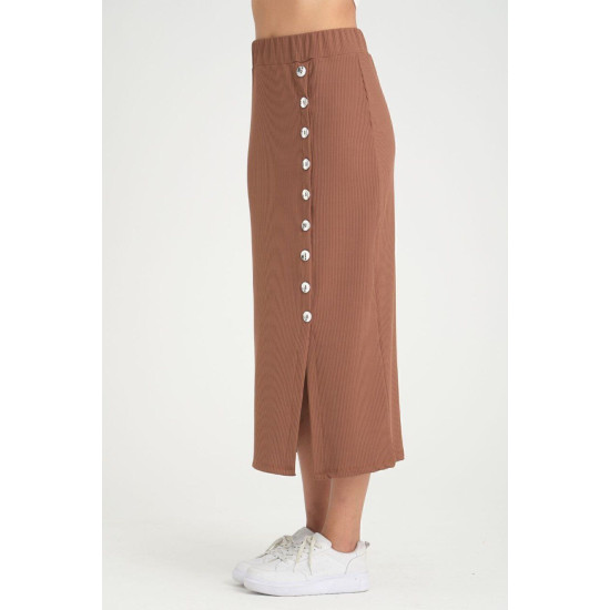 Pasaklı Giyim Kadın Kahverengi Beli Lastikli Yırtmaçlı Likralı Kaşkorse Uzun Etek