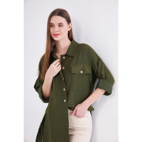 Pasaklı Giyim Kadın Oversize Arkası Uzun Tunik Gömlek Haki