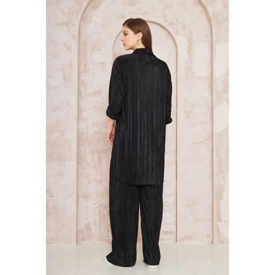 Pasaklı Giyim kadın Piliseli Bürümcük Pantolon Tunik Alt Üst Takım Siyah