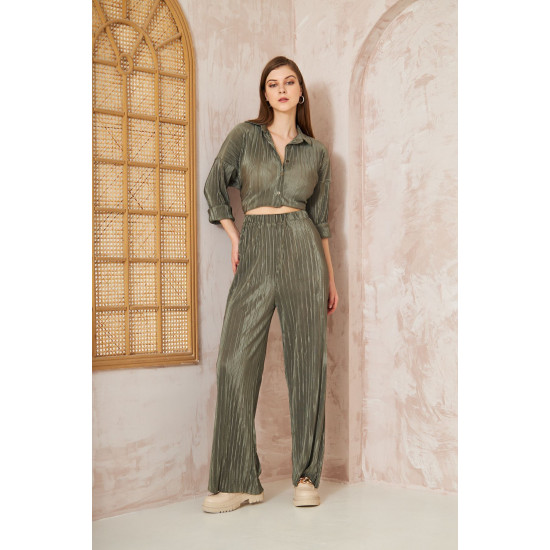 Pasaklı Giyim kadın Piliseli Bürümcük Pantolon Tunik Alt Üst Takım Haki
