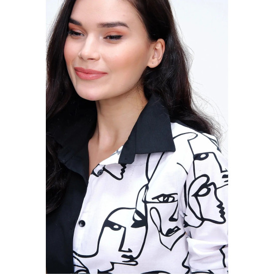 Pasaklı Giyim Kadın Yüz Silüetli Basic Gömlek Siyah Beyaz