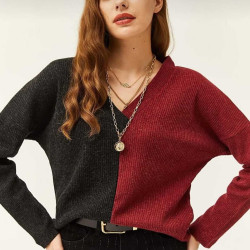 Pasaklı Giyim Kadın  V Yaka Uzun Kollu Iki Renkli Kışlık Kazak 2778200 Bordo Antrasit